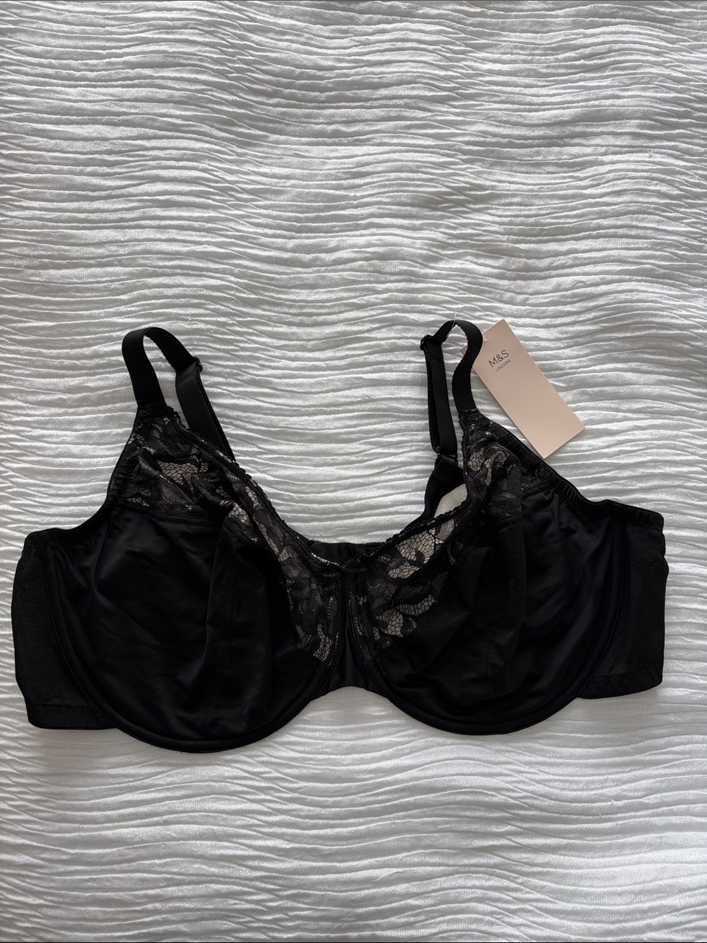 M&S NWT Black Lace Full Cup Support Bra 44E Plus Size Fuller Bust Lingerie New
